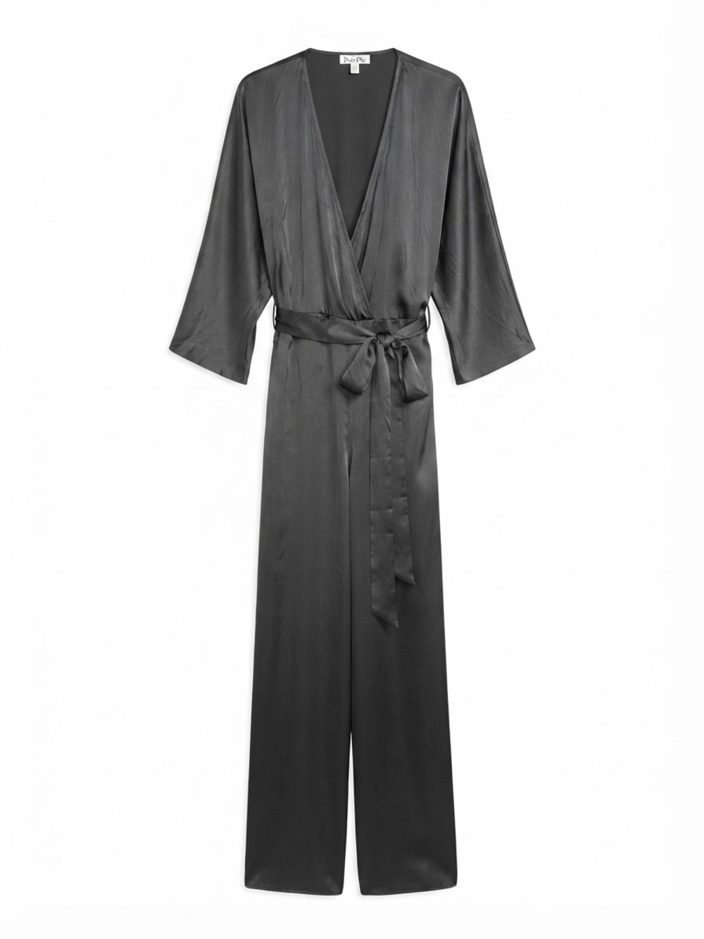 Satin Wrap Jumpsuit with Tie Belt - Black